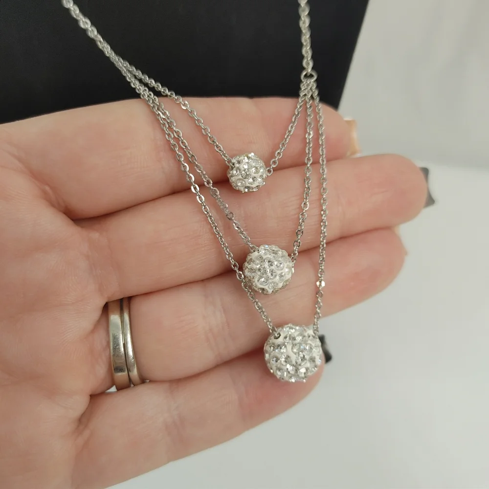 Silver Tone Triple Strand Rhinestone Ball Layered Necklace - Picture 4 of 6